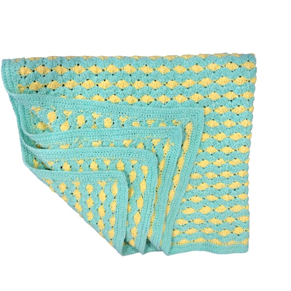 Handcrafted Crochet Baby Blanket Mint Green Yellow Soft 42x39